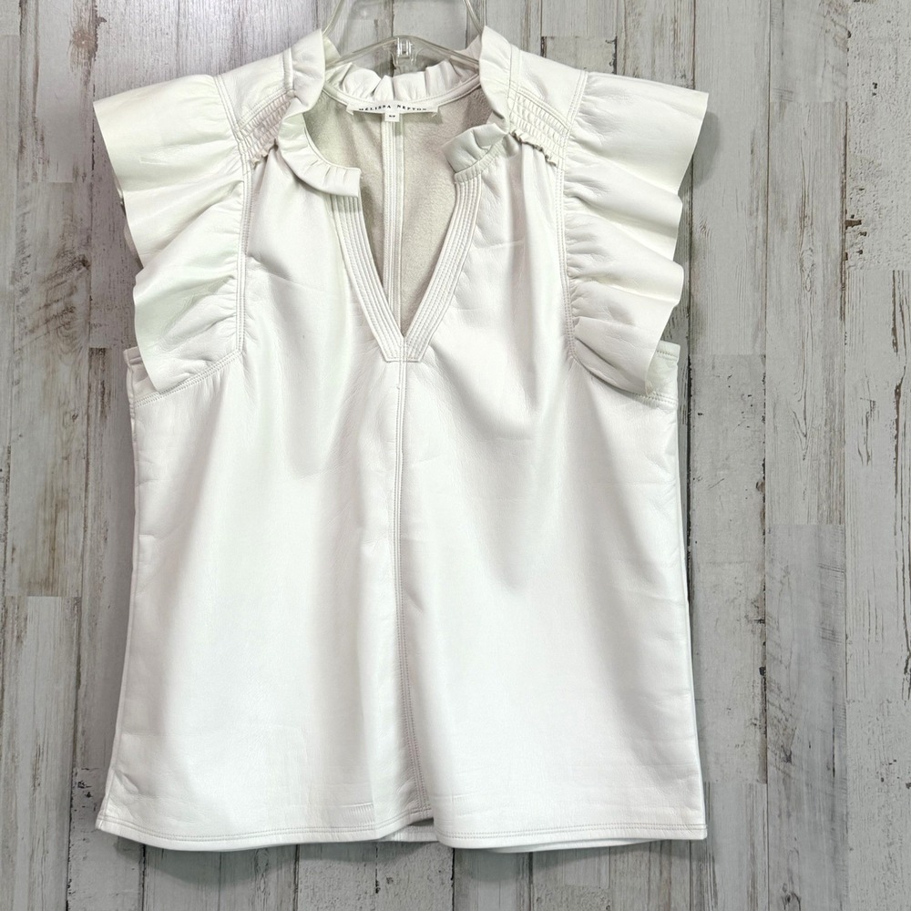 Melissa Nepton Kamilla Faux Leather Ruffle Cap Sleeve Top S Bone White Party